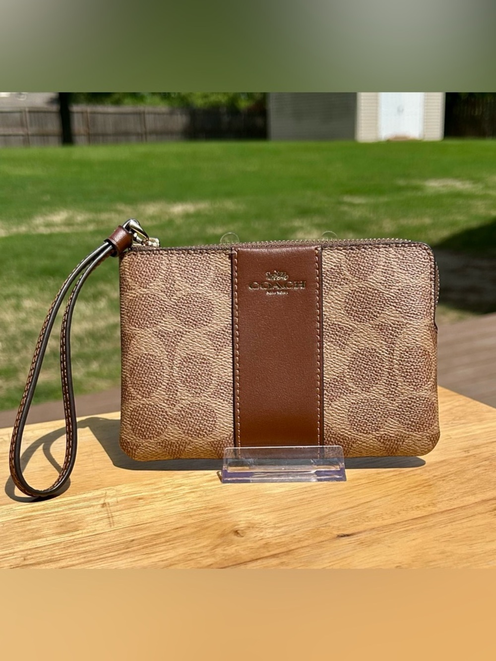Coach Tan & Brown Signature Zip Wristlet Coated Canvas & Leather NWT